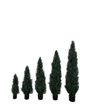 China PLASTICS +Metal Post TRUCKS + CEMENT artificial cedar topiary cone shape in metal post with black plastic pot with UV protected exterior and interior for sale