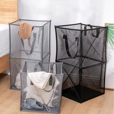 China Durable Eco-Friendly 2-Tier Automatic Hamper Bag With Handles Portable Foldable Dirty Clothes Washing Storage Mesh Laundry Basket Collapsible for sale