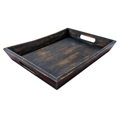 China Modern Aesthetic Eco-Friendly Wooden Tray Coffee Ottoman Trays Dark Brown Decorative Serving Tray With Handles for sale