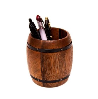 China Eco-Friendly Acacia Wooden Pen Holder Wine Barrel Pencil Holder Wood Cup Organizer 4.5 Inch Wooden Pencil Holder for sale