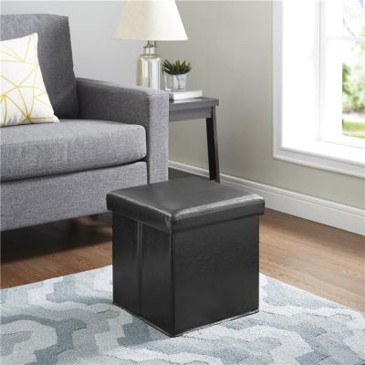 China Collapsible Folding Storage Ottoman Black Leather Stool Bedroom for sale