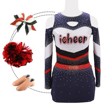 China 250gsm Fabric Perfessional Cheer Suits Free Design Rhinestone Cheerleading Uniforms Accept Any Uniforms Cheerleader Wear Long Sleeve for sale