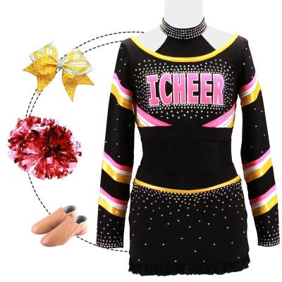 China Hot Wholesale Black Spandex Youth Black Spandex OEM Fabric 250gsm Sale Uniforms Design Cheerleading All Star Cheerleaders Cheer Outfits for sale