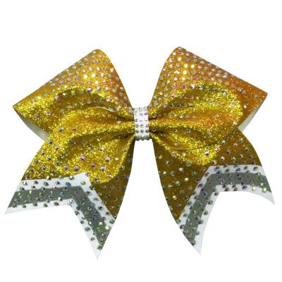 China 250gsm Cloth Wholesale Competition Accessories Bling Elastic Cheerleading Hair Bows Big Kids Gold AB Crystal Cheer Hair Bows For for sale