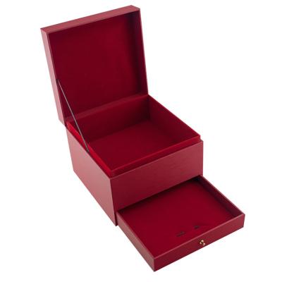 China Handmade Red Color Metal Handle Slip Box Drawer Wristlet Double Wall Packing Boxes for sale