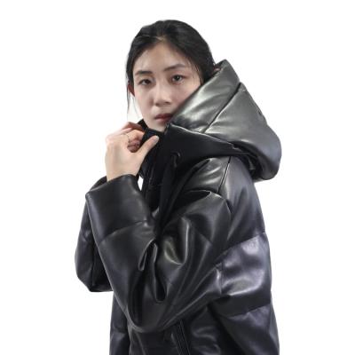 China Plus Size Waterproof Hoodie Cropped Bubble Women's Long Sleeve PU Fake Down Stripper Winter Jacket for sale