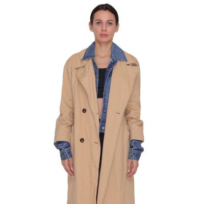 China Waterproof 2021 stylish newcomer lady'classical trench coat along with contrast denim collar and cuff for sale