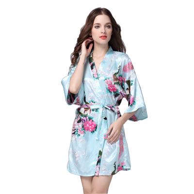 China Breathable Plus Size Women Summer Custom Size Flower Printing Sky Satin Robe Nightgowns Smooth Handfeeling Blue Sleepwear With Belt for sale