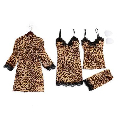 China 2021 Breathable Women Leopard Spotted Print Lace Embellished Sexy Animal Pajamas Classic Style Satin Pajamas Suit for sale