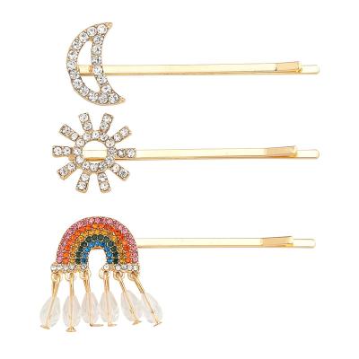 China Wedding New Arrival Metal Decorative Rhinestone Hair Clips Rainbow Sun Moon Hair Pins for Girls Women for sale