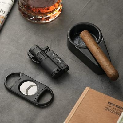 China Custom Safety Logo Cigar Lighter and Cutter Black Melamine Cigar Ashtray Cigar Gift Set for sale