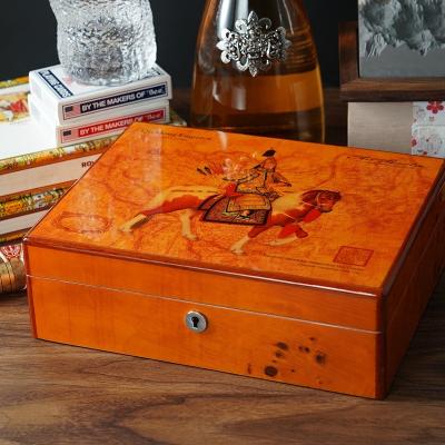 China 100%natural wood customized luxury Spanish painting Constant Temperature Humidor Cigar Cedar Wood Piano Cabinet Humidor Cigar Box for sale