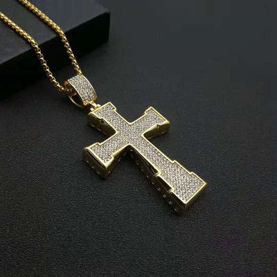 China New Hiphop Ornament Stainless Steel Religious Gold Plated Rhinestone Catholic Cross Pendant Necklace for sale