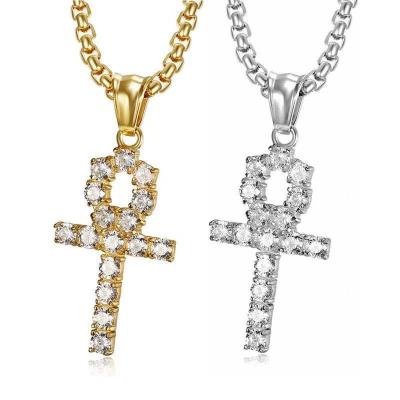 China Vintage Hip Hop Tennis Ankh Cross Pendant Necklace Stainless Steel Micro Pave Egyptian Zircon Chain Necklace for sale