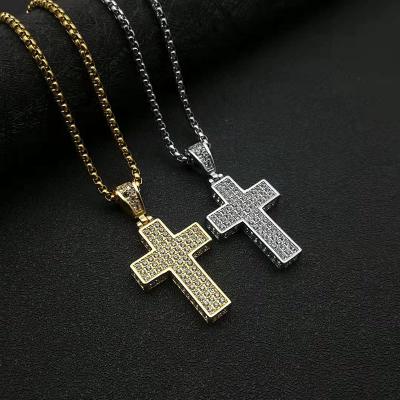 China Trendy Fashion Outlet Simple Iced Out Zircon Pave Diamond New Cross Titanium Steel Gold Plated Necklace Pendant For Men And Women for sale