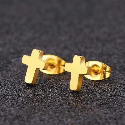 China TRENDY 18 Karat Gold Jewelry Steel Religious Cross Stud Earrings Custom Women Fashion Celtic Gold Plated Small Jesus Cross Earring for sale