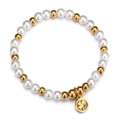 China BOHEMIA Fashion Adjustable Cute Women Bead Bracelet European Stainless Steel Lucky Four Leaf Clover Charm Gold Bead Bracelet For Girls for sale