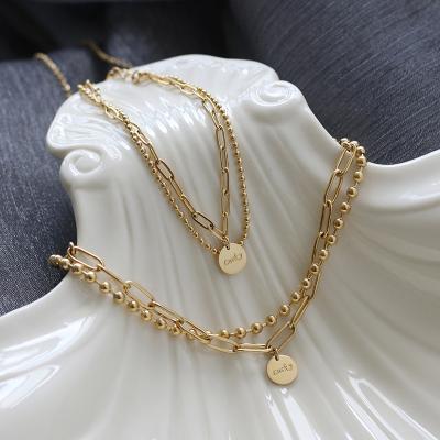 China TRENDY New Fashion Golden Lucky Round Coin Link Chain Custom Jewelry Set Stainless Steel Ladies Double-Layer Bead Bracelet Necklace Sets for sale