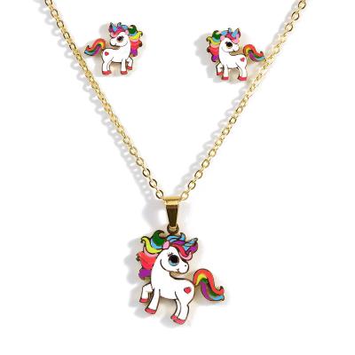 China CLASSIC Fashion Lucky Female Kids Gold Plated Colorful Unicorn Necklace and Earring Jewelry Stainless Steel Women Jewelry Set for sale