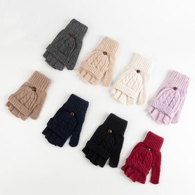 China New Comfortable Half Finger Flip Knitted Warm Mittens Exposed Button Plus Thick Mittens for sale