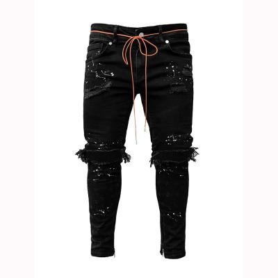 China Hot Sale Breathable Wholesale Men's Custom Fashion Retro Wash Black Paint Splatter Pencil Pants Knees Ripped Skinny Jeans for sale