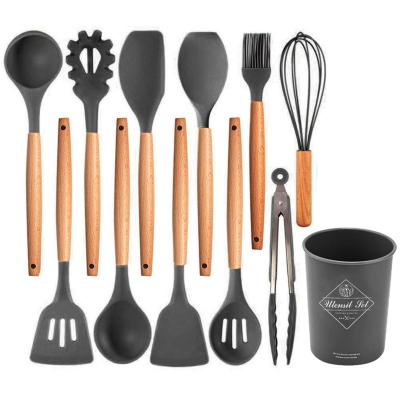 China Kitchen Set Wooden Handle Heat Resistant Silicone Stocked 12 Wooden Handle Kitchen Pieces Set Small Tools for sale