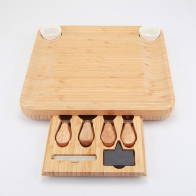 China Amazon Sustainable Tray Wood Bamboo Cheese Board Serving Hot Set With Cutlery In Slide Out Drawer Cheese Tray Cutting Board Wholesale for sale