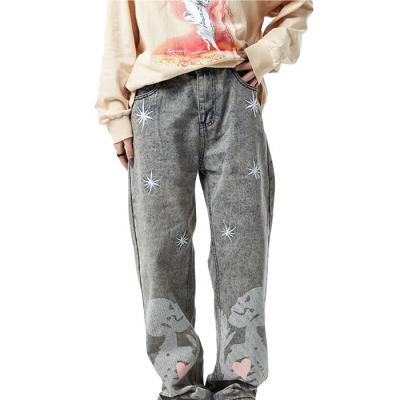 China Custom Made Gray Embroidered Denim Jeans Fashion Casual Loose Straight Pants from BILLIONS Breathable High-waisted for sale