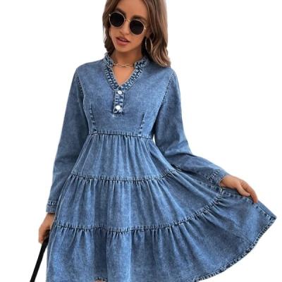 China BILLION Anti-wrinkle women fashion jeans dresses Dresses Button Front Flounce Tiered Jean Denim Dress For Female line one for sale