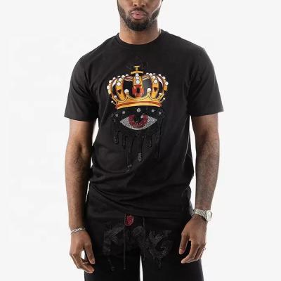 China High End Street Wear Anti-Wrinkle Cotton T Shirt Men's Black Fitted Rhinestone T-shirts for sale