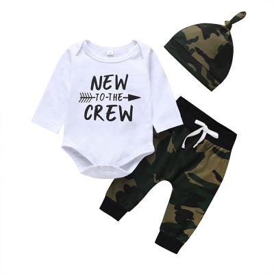 China New Breathable Kids Boys Toddler Boys Crew Camouflage Romper Suction String Pant Hat Set Baby Boy Outfit Clothes for sale