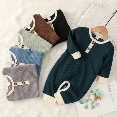 China 73%Polyester Girls Clothing Button Waffle Autumn Newborn Infant Toddler Boys Long Sleeve Baby Romper for sale