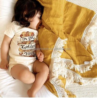 China PORTABLE 100%Cotton Toddler Muslin Custom Newborn Infant Baby Blankets Sleep Wrap Wrap With Tassel for sale