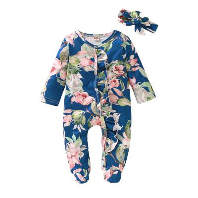 China Spandex/Cotton Newborn Baby Clothes Toddler Ruffle Floral Print Baby Pajamas Infant Footie Romper for sale