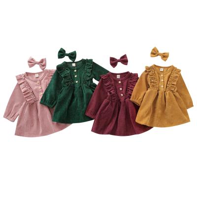 China Toddler Girls Fall Floating Washable Infant Corduroy Long Sleeves Girls Dresses With Bowknot Hairpin for sale