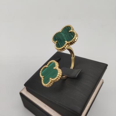 China Factory Wholesale 925 Sterling Silver TRENDY Rose Gold Plated Flower High Quality Double Malachite Green Clover Ring Jewelry for sale