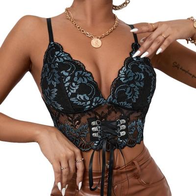 China 2022 New Blue Polyester Shape V-Neck Top Bow Lace Up Mesh Ultra Thin Summer Women's Underwear Vest for sale