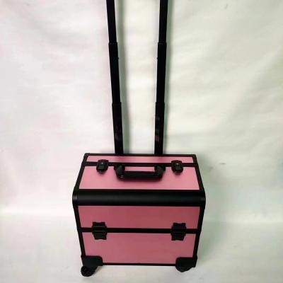 China Carry Storage Case TROLLEY CASE Aluminum Makeup Train Case Lockable Rolling Travel Salon Trolley Cosmetics Makeup Case for sale