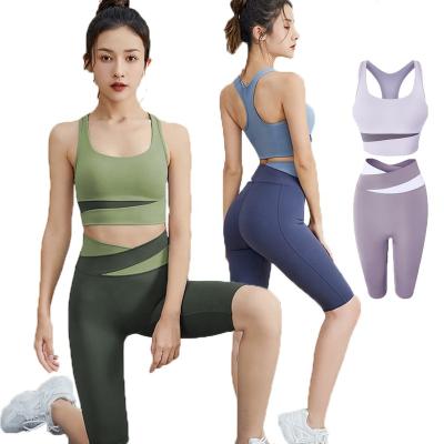 China Breathable Patchwork Fashion Sportswear Ladies Biker Shorts And Top Equipments Gym Two Piece Clothing Sets Booty Shorts Set for sale