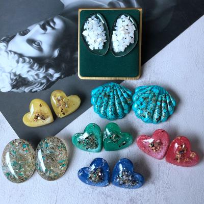 China Other Oumala Shell Turquoise Gravel White Resin Color Broken Shell Heart Silver Needle Ear Pin 207-213 for sale