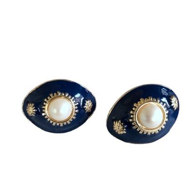 China Other Exquisite Blue Stone Head 925 Silver Drop Luster Enamel Series Pearl Beauty Needle Earrings B94 for sale