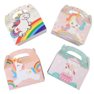 China Recyclable 12 Pcs/Pack Handle Cartoons Unicorn Cup Cake Cookie Paper Portable Packaging Box For Kids Party Sweet Gift Box for sale