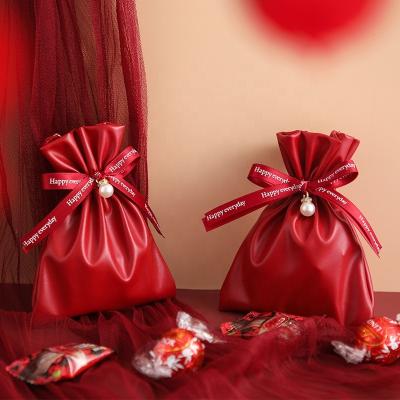 China Red Drawstring PU Bag Wedding Gift Jewelry Pouch For Wedding Candy Chocolate Pouch Sweet Packaging Bags for sale