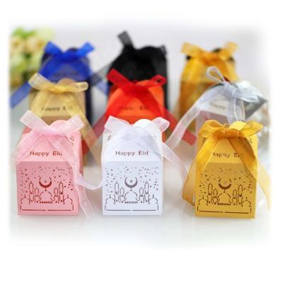 China Recyclable Square Eid Mubarak Ribbon Hollow Candy Chocolate Packaging Box For Eid Ramadan Party Decoration Sweet Package Boxes for sale