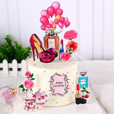 China Paper Cake Topper Lipstick Fragrance Cupcake Rose Paper Happy Birthday Decoration Set for sale