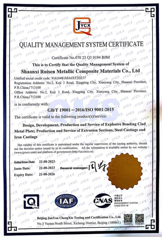 ISO 9001:2015 - Shaanxi Ruisen Metallic Composite Material Co., Ltd