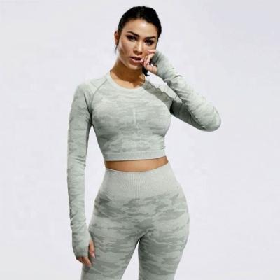 China Seamless Long Sleeve Camouflage Yoga Set Breathable Tight Fit Women Sports Fitness Sets Gym Suits for sale