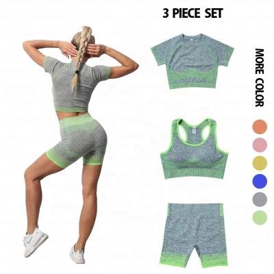 China Hot Selling 3 Piece Stripe Breathable Workout Wear Seamless Yoga Shorts Set For Women Active Wear Tops Gym Bra for sale