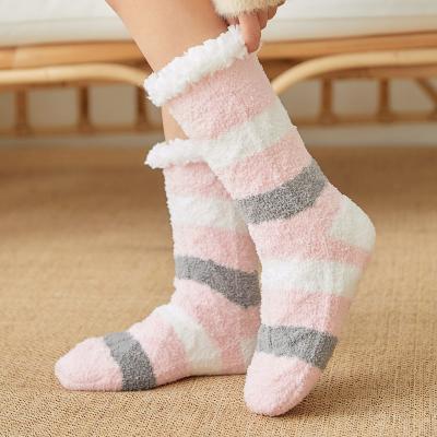 China Wholesale QUICK DRY Coral Fleece Stripe Fleece Cute Fuzzy Fur Socks Wholesale QUICK DRY Slippers For Women for sale