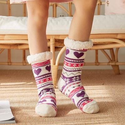 China Autumn Winter Cartoon Love Heart QUICK DRY Hot Selling Pattern Plus Thick Fleece Slipper Sock Women Warm Fuzzy Floor Socks for sale